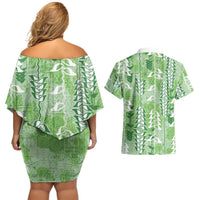 Green Hawaii Tapa Pattern Couples Matching Off Shoulder Short Dress and Hawaiian Shirt With Heliconia Vintage Style