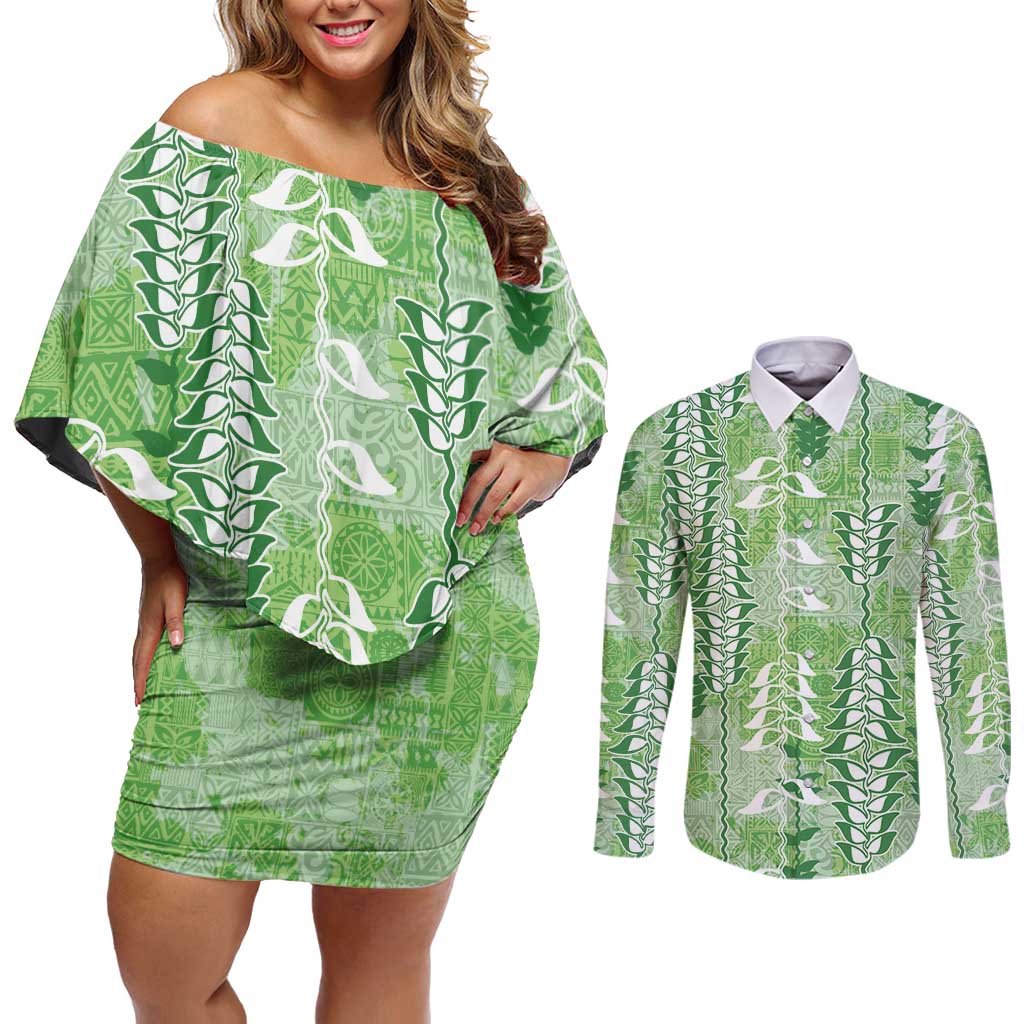 Green Hawaii Tapa Pattern Couples Matching Off Shoulder Short Dress and Long Sleeve Button Shirt With Heliconia Vintage Style