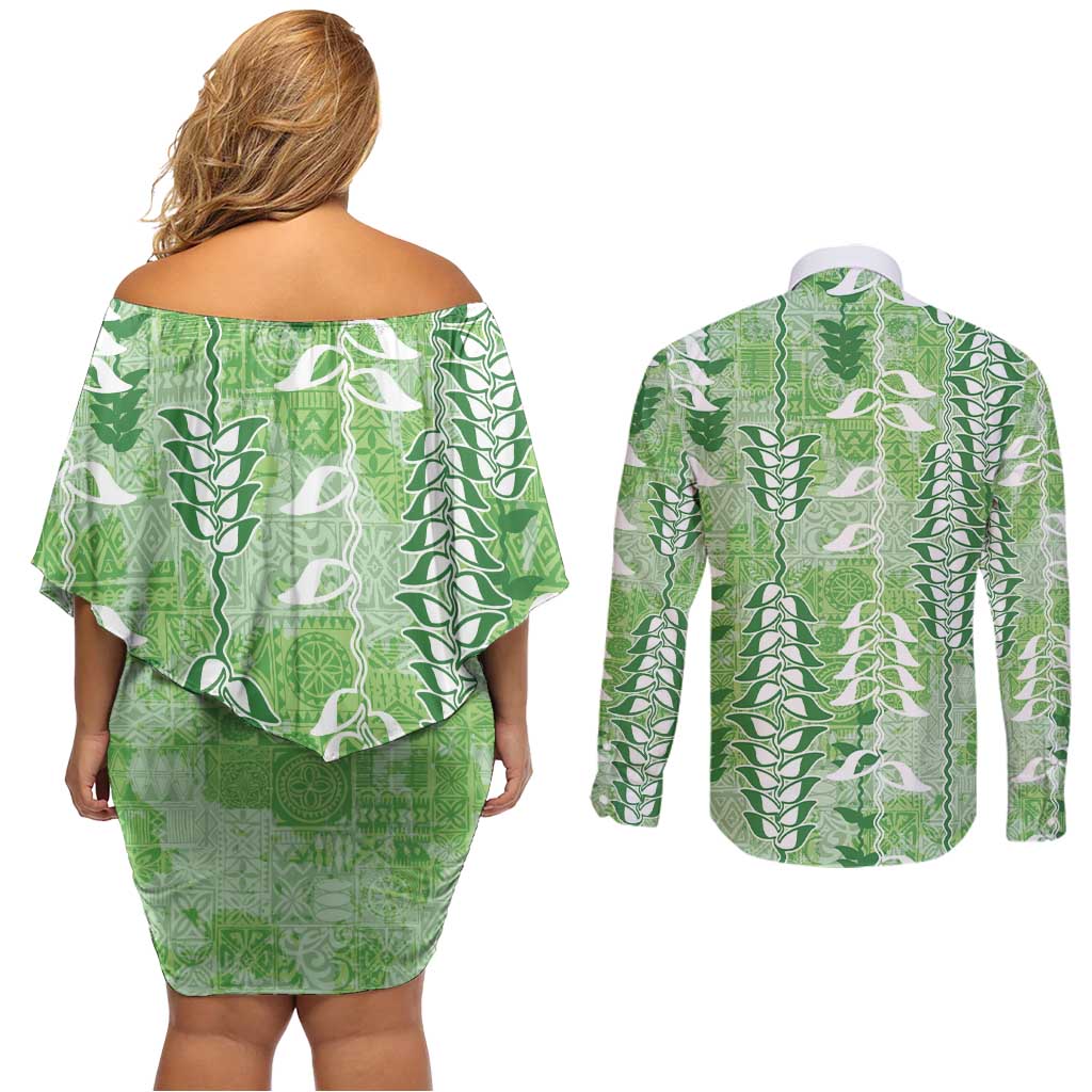 Green Hawaii Tapa Pattern Couples Matching Off Shoulder Short Dress and Long Sleeve Button Shirt With Heliconia Vintage Style