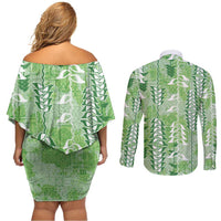 Green Hawaii Tapa Pattern Couples Matching Off Shoulder Short Dress and Long Sleeve Button Shirt With Heliconia Vintage Style