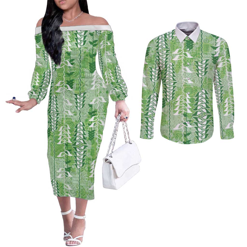 Green Hawaii Tapa Pattern Couples Matching Off The Shoulder Long Sleeve Dress and Long Sleeve Button Shirt With Heliconia Vintage Style
