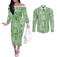 Green Hawaii Tapa Pattern Couples Matching Off The Shoulder Long Sleeve Dress and Long Sleeve Button Shirt With Heliconia Vintage Style
