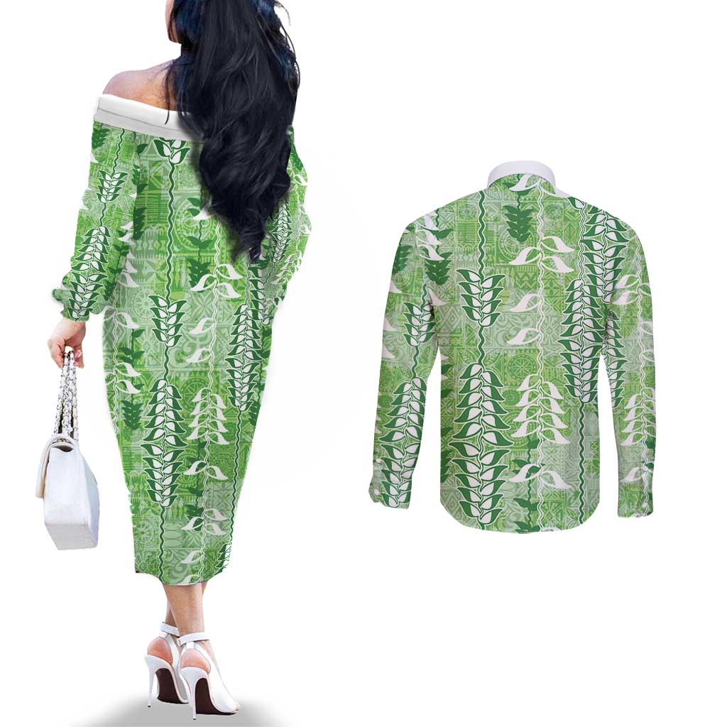 Green Hawaii Tapa Pattern Couples Matching Off The Shoulder Long Sleeve Dress and Long Sleeve Button Shirt With Heliconia Vintage Style