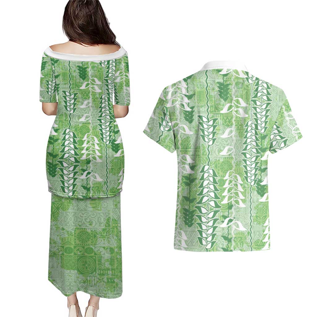 Green Hawaii Tapa Pattern Couples Matching Puletasi and Hawaiian Shirt With Heliconia Vintage Style