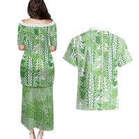 Green Hawaii Tapa Pattern Couples Matching Puletasi and Hawaiian Shirt With Heliconia Vintage Style