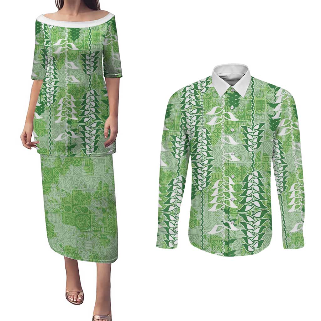Green Hawaii Tapa Pattern Couples Matching Puletasi and Long Sleeve Button Shirt With Heliconia Vintage Style