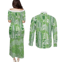 Green Hawaii Tapa Pattern Couples Matching Puletasi and Long Sleeve Button Shirt With Heliconia Vintage Style