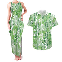 Green Hawaii Tapa Pattern Couples Matching Tank Maxi Dress and Hawaiian Shirt With Heliconia Vintage Style