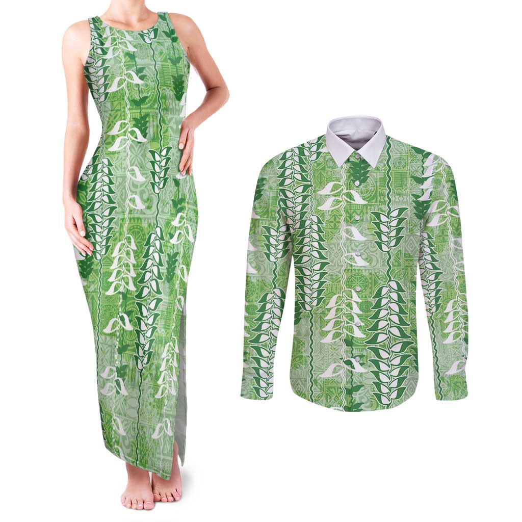 Green Hawaii Tapa Pattern Couples Matching Tank Maxi Dress and Long Sleeve Button Shirt With Heliconia Vintage Style