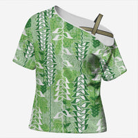 Green Hawaii Tapa Pattern Cross Shoulder Shirt With Heliconia Vintage Style