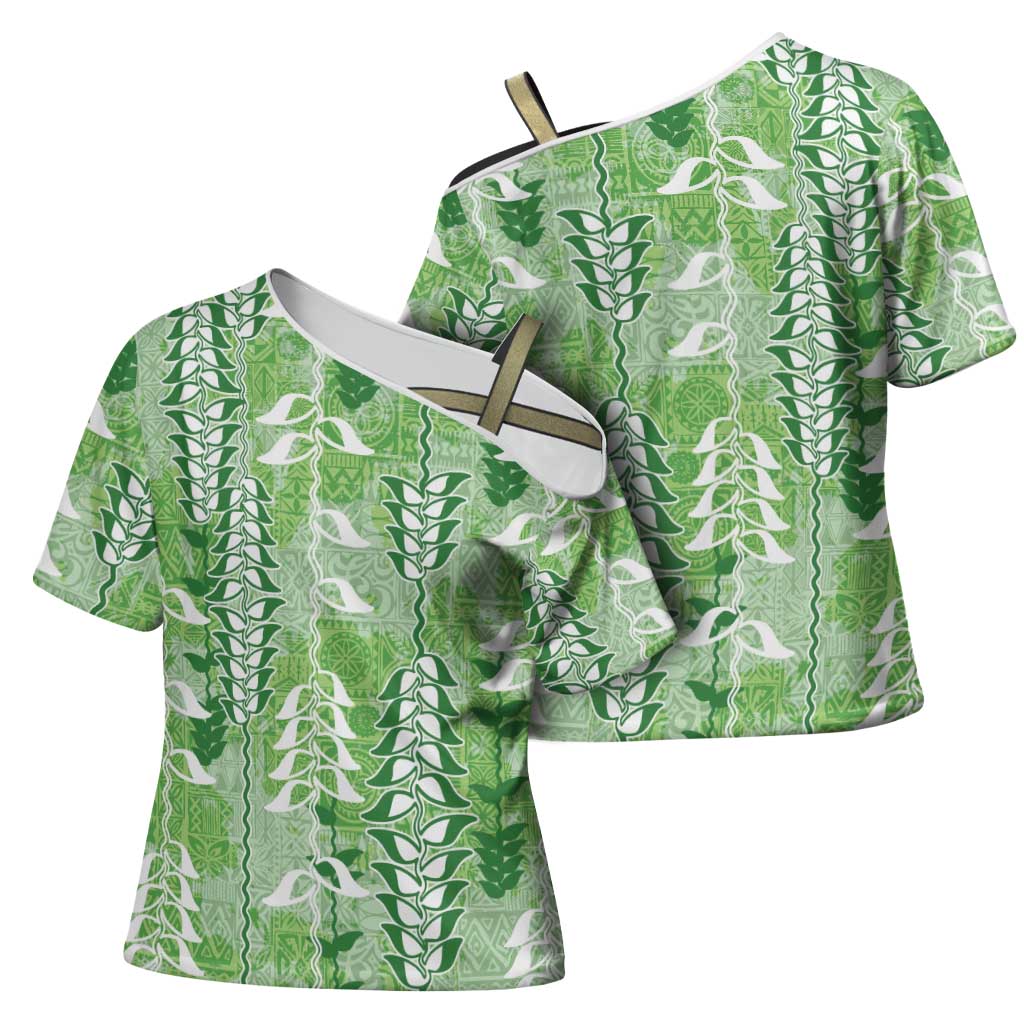 Green Hawaii Tapa Pattern Cross Shoulder Shirt With Heliconia Vintage Style