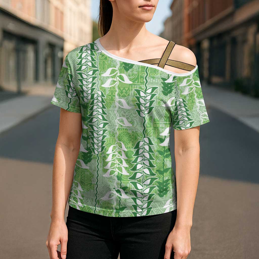 Green Hawaii Tapa Pattern Cross Shoulder Shirt With Heliconia Vintage Style