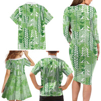 Green Hawaii Tapa Pattern Family Matching Long Sleeve Bodycon Dress and Hawaiian Shirt With Heliconia Vintage Style LT05 - Polynesian Pride