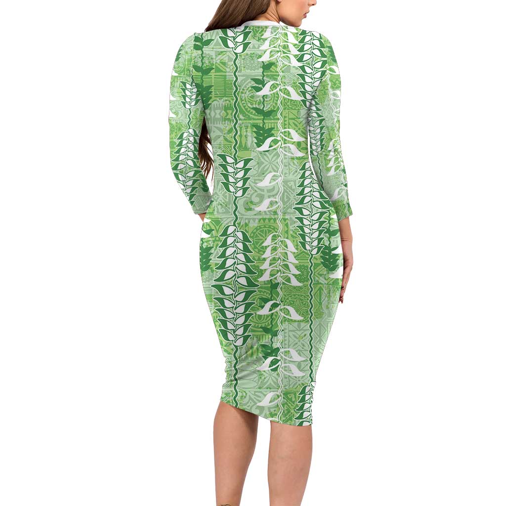 Green Hawaii Tapa Pattern Family Matching Long Sleeve Bodycon Dress and Hawaiian Shirt With Heliconia Vintage Style LT05 - Polynesian Pride