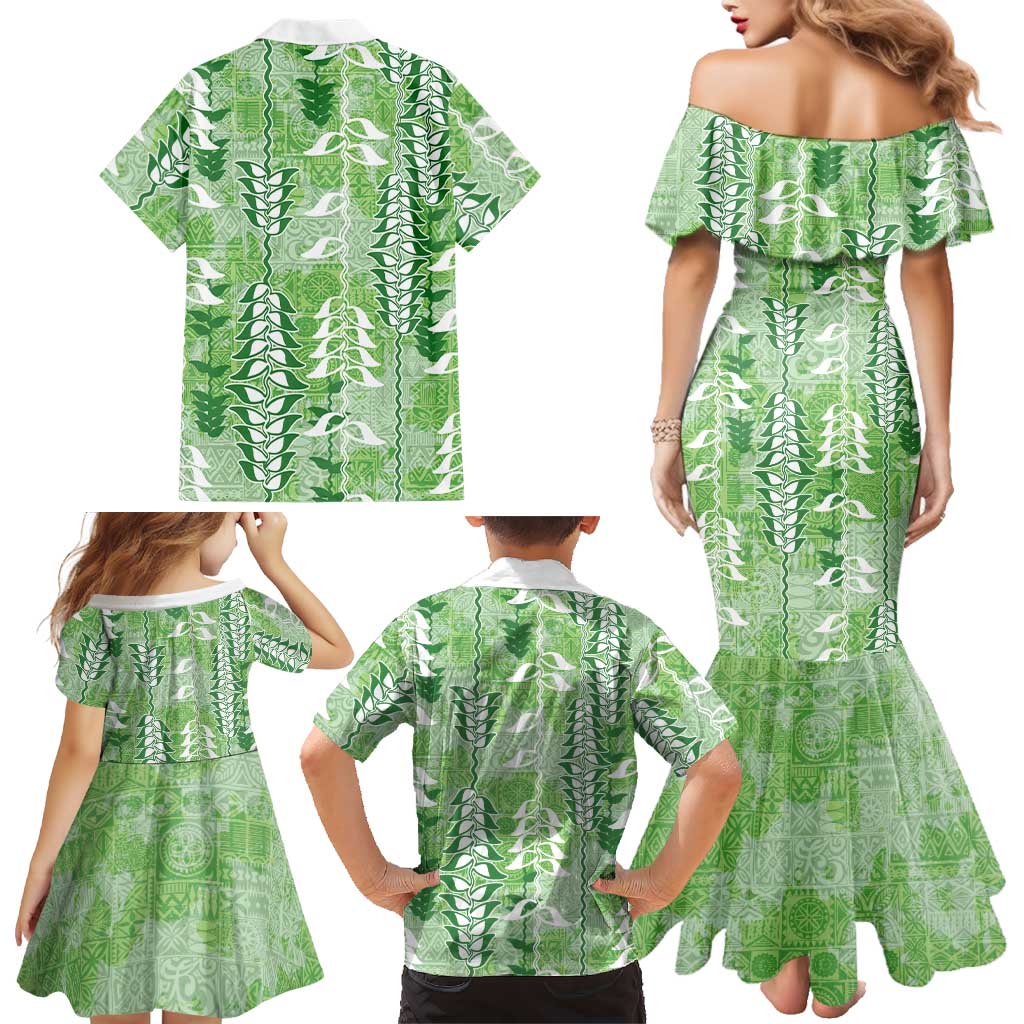 Green Hawaii Tapa Pattern Family Matching Mermaid Dress and Hawaiian Shirt With Heliconia Vintage Style LT05 - Polynesian Pride