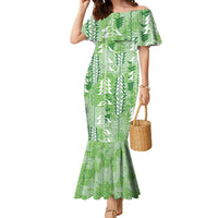 Green Hawaii Tapa Pattern Family Matching Mermaid Dress and Hawaiian Shirt With Heliconia Vintage Style LT05 Mom's Dress Green - Polynesian Pride