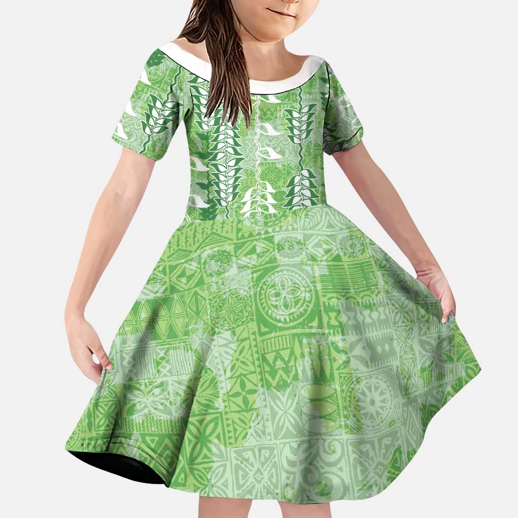 Green Hawaii Tapa Pattern Family Matching Off The Shoulder Long Sleeve Dress and Hawaiian Shirt With Heliconia Vintage Style LT05 Daughter's Dress Green - Polynesian Pride
