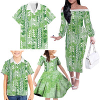 Green Hawaii Tapa Pattern Family Matching Off The Shoulder Long Sleeve Dress and Hawaiian Shirt With Heliconia Vintage Style LT05 - Polynesian Pride