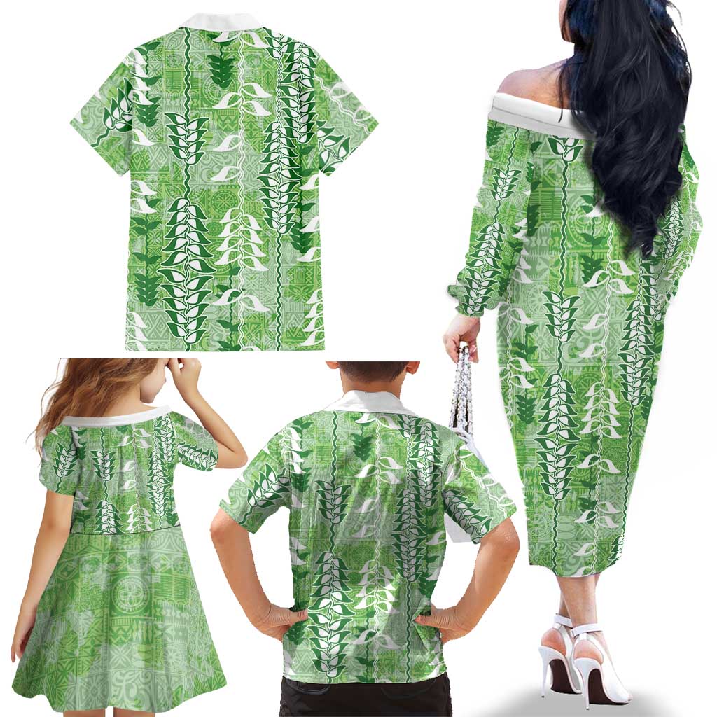 Green Hawaii Tapa Pattern Family Matching Off The Shoulder Long Sleeve Dress and Hawaiian Shirt With Heliconia Vintage Style LT05 - Polynesian Pride