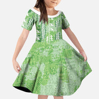 Green Hawaii Tapa Pattern Family Matching Off Shoulder Maxi Dress and Hawaiian Shirt With Heliconia Vintage Style