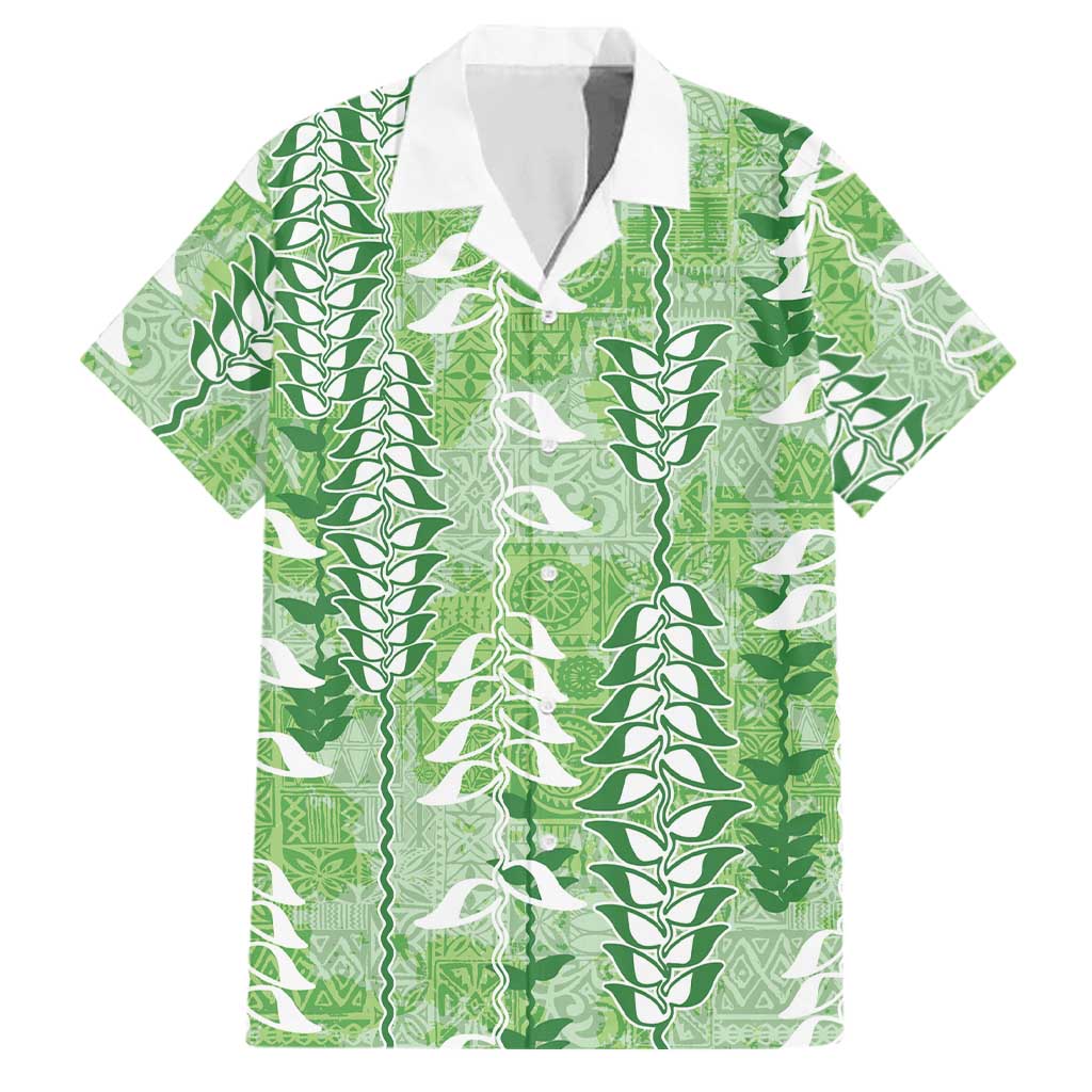 Green Hawaii Tapa Pattern Family Matching Off Shoulder Maxi Dress and Hawaiian Shirt With Heliconia Vintage Style