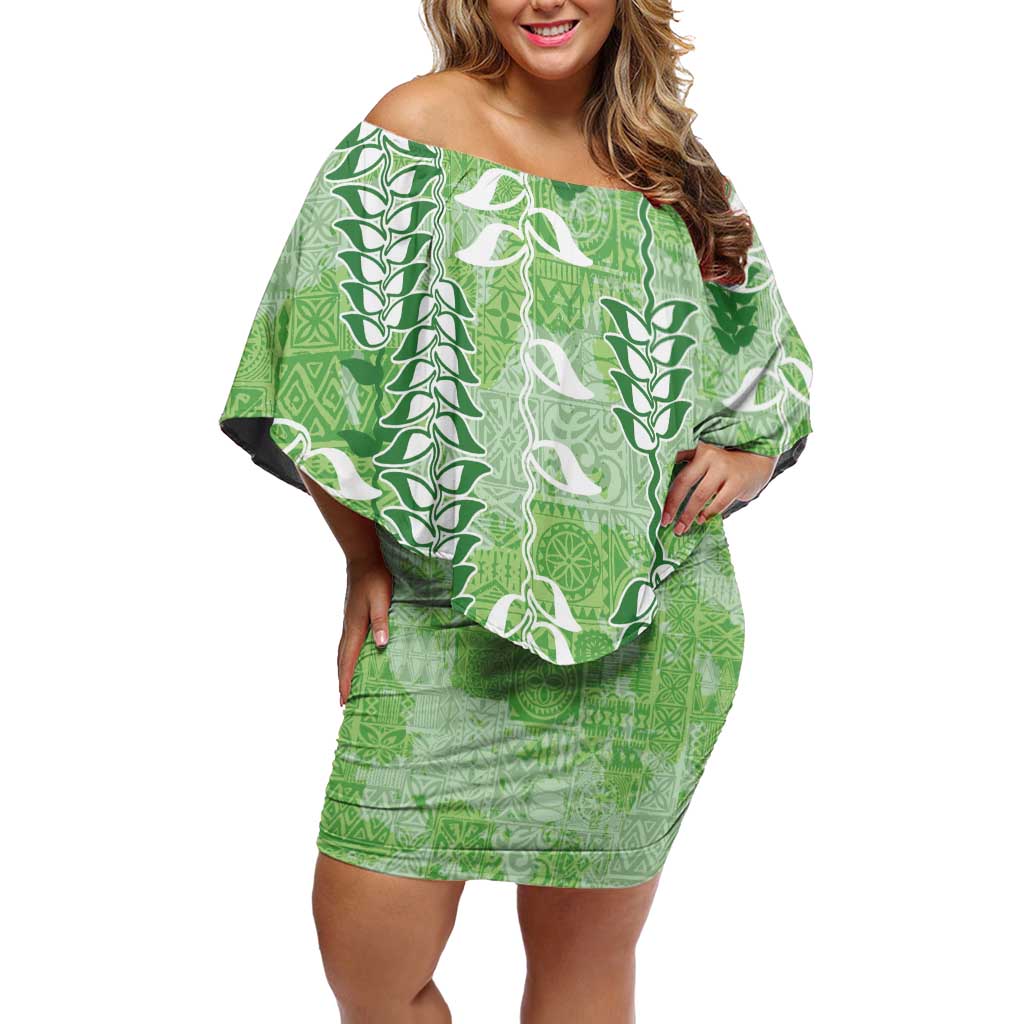 Green Hawaii Tapa Pattern Family Matching Off Shoulder Short Dress and Hawaiian Shirt With Heliconia Vintage Style