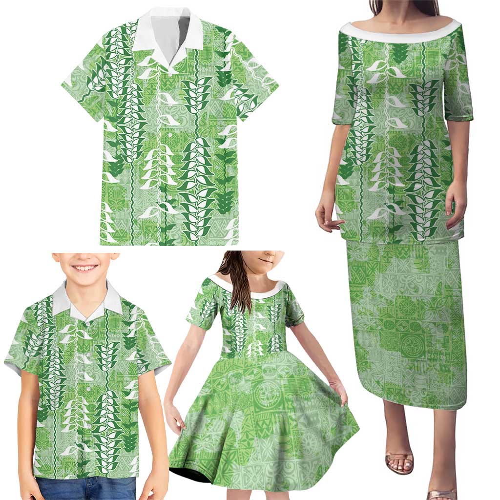 Green Hawaii Tapa Pattern Family Matching Puletasi and Hawaiian Shirt With Heliconia Vintage Style LT05 - Polynesian Pride
