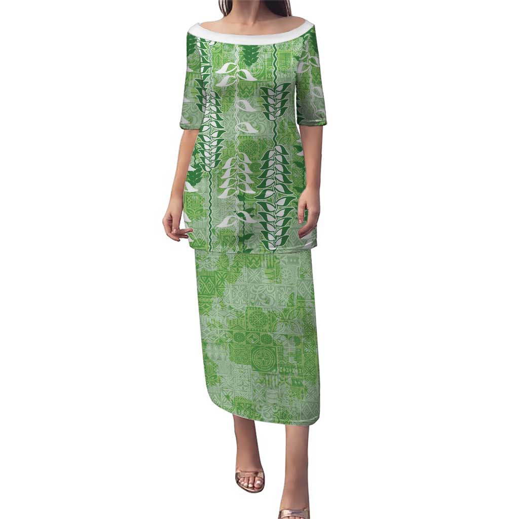 Green Hawaii Tapa Pattern Family Matching Puletasi and Hawaiian Shirt With Heliconia Vintage Style LT05 Mom's Dress Green - Polynesian Pride