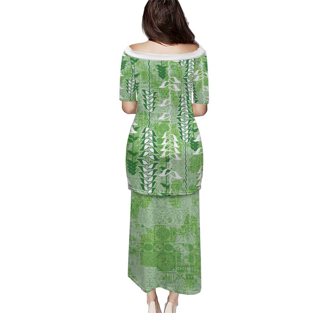 Green Hawaii Tapa Pattern Family Matching Puletasi and Hawaiian Shirt With Heliconia Vintage Style LT05 - Polynesian Pride