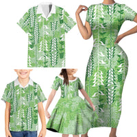 Green Hawaii Tapa Pattern Family Matching Short Sleeve Bodycon Dress and Hawaiian Shirt With Heliconia Vintage Style LT05 - Polynesian Pride