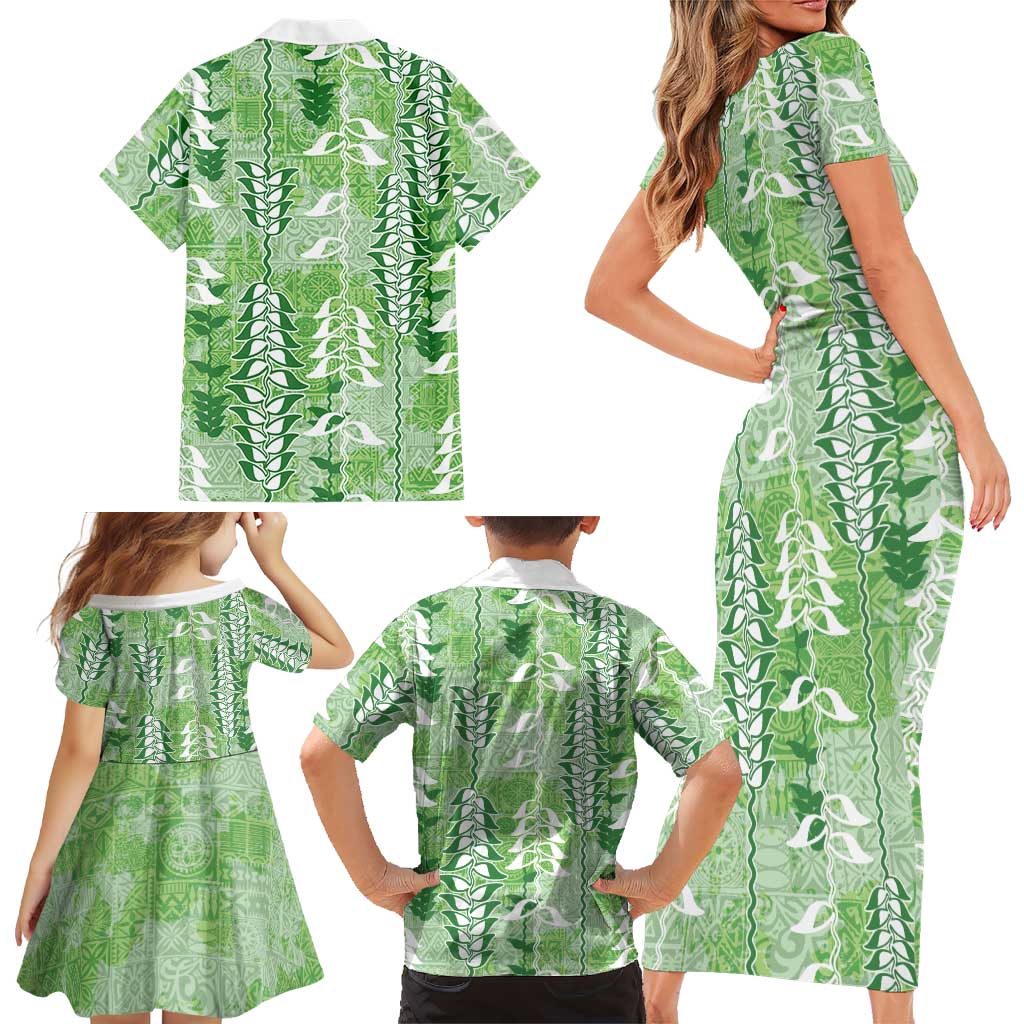 Green Hawaii Tapa Pattern Family Matching Short Sleeve Bodycon Dress and Hawaiian Shirt With Heliconia Vintage Style LT05 - Polynesian Pride