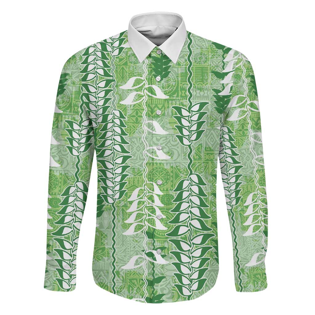 Green Hawaii Tapa Pattern Family Matching Summer Maxi Dress and Hawaiian Shirt With Heliconia Vintage Style