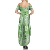 Green Hawaii Tapa Pattern Family Matching Summer Maxi Dress and Hawaiian Shirt With Heliconia Vintage Style