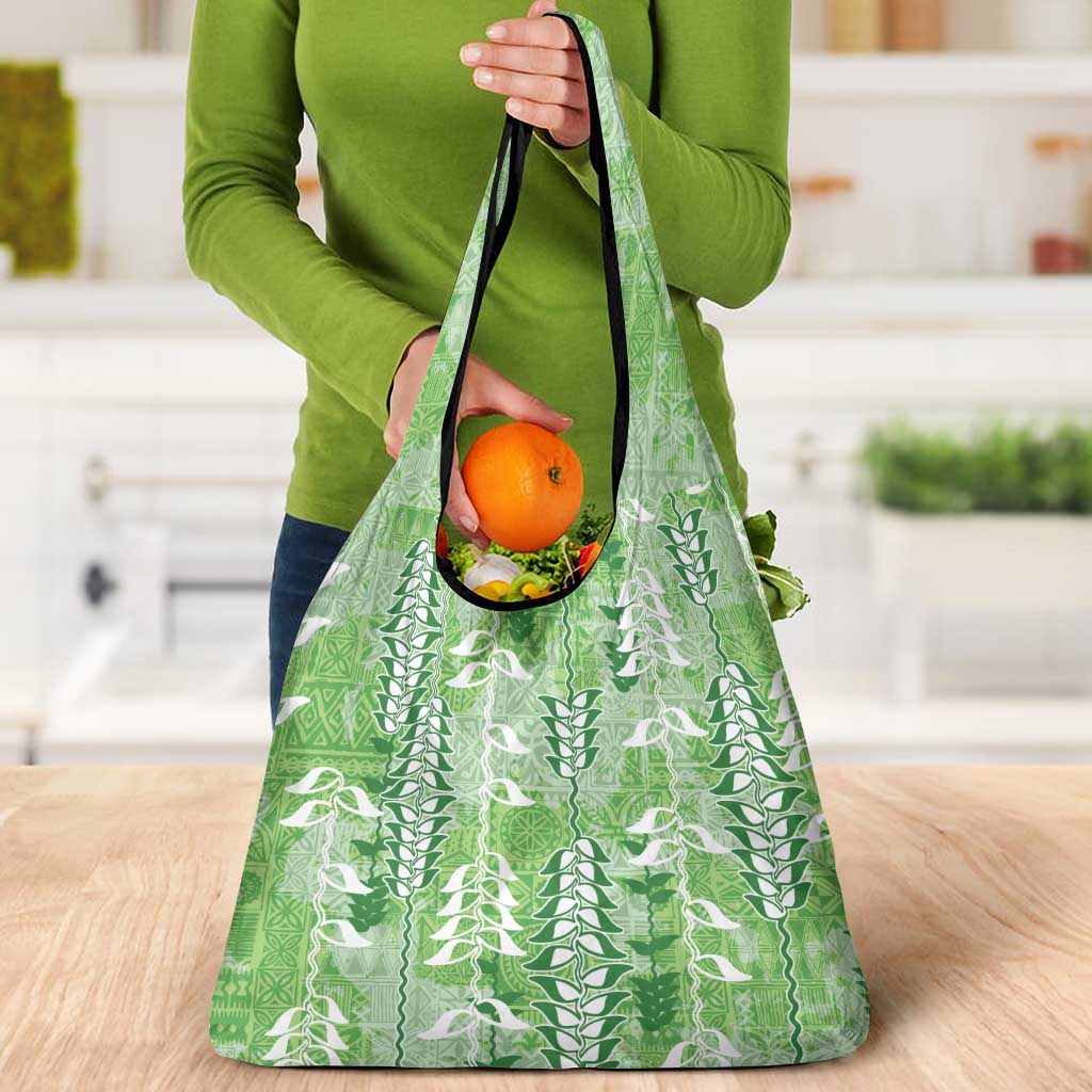 Green Hawaii Tapa Pattern Grocery Bag With Heliconia Vintage Style