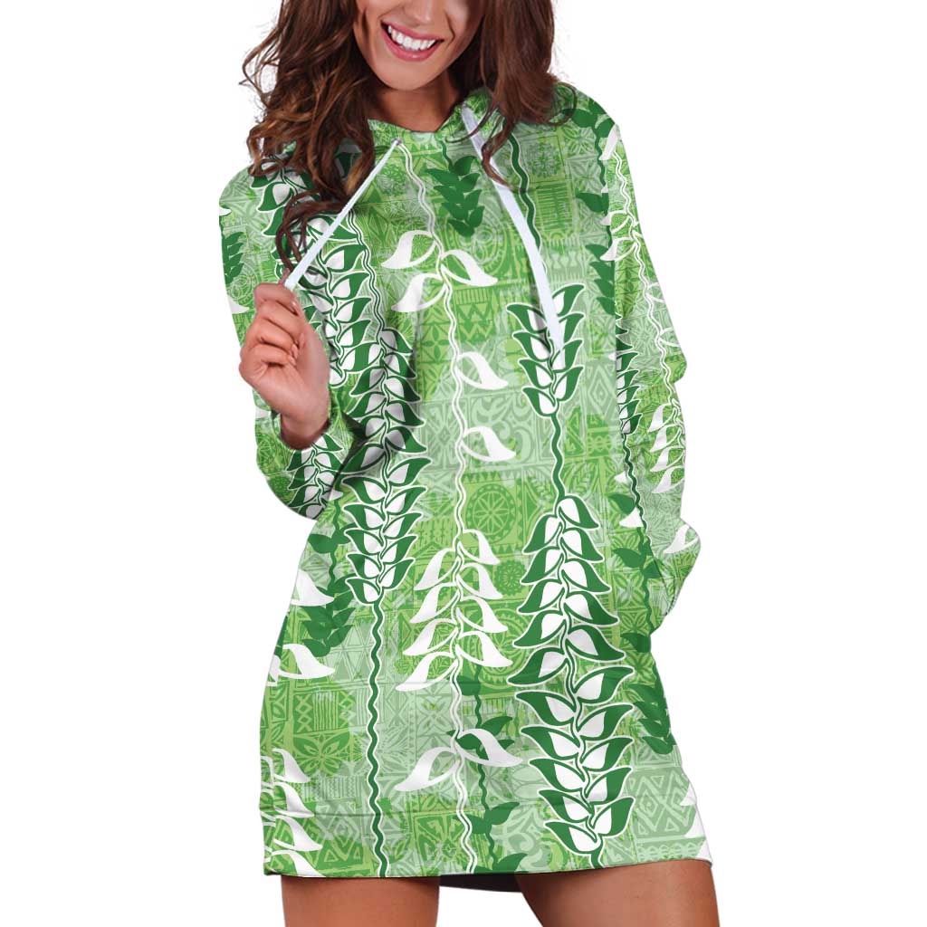 Green Hawaii Tapa Pattern Hoodie Dress With Heliconia Vintage Style