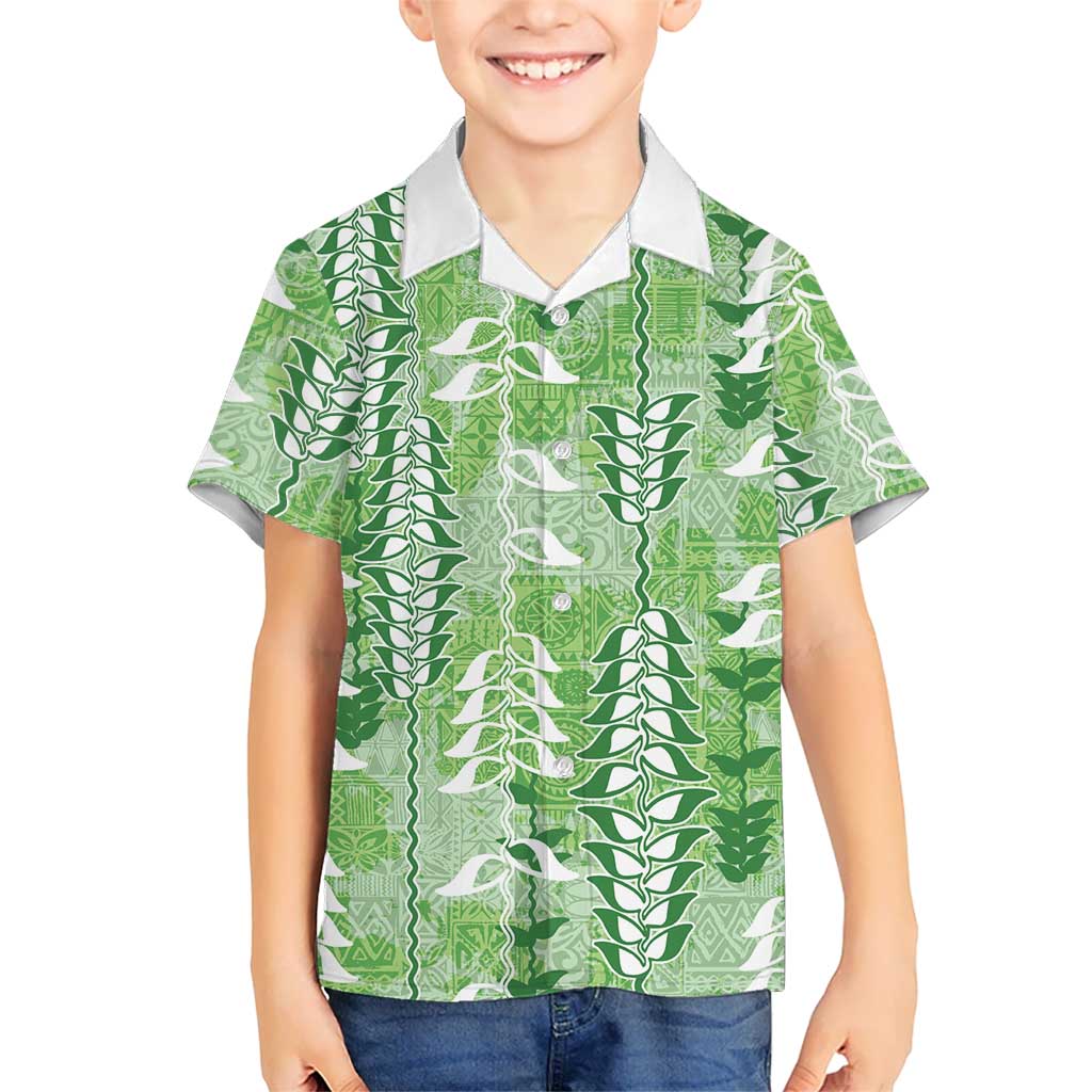 Green Hawaii Tapa Pattern Kid Hawaiian Shirt With Heliconia Vintage Style