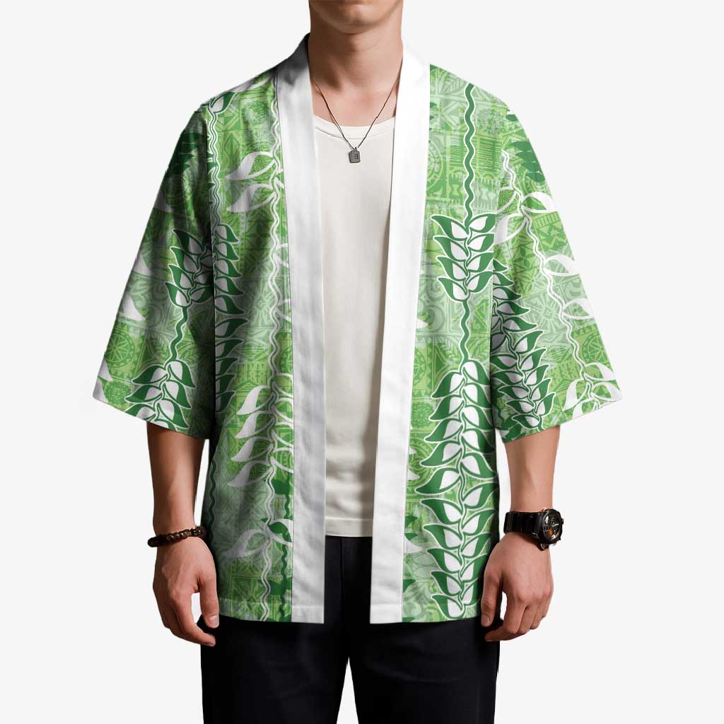 Green Hawaii Tapa Pattern Kimono With Heliconia Vintage Style