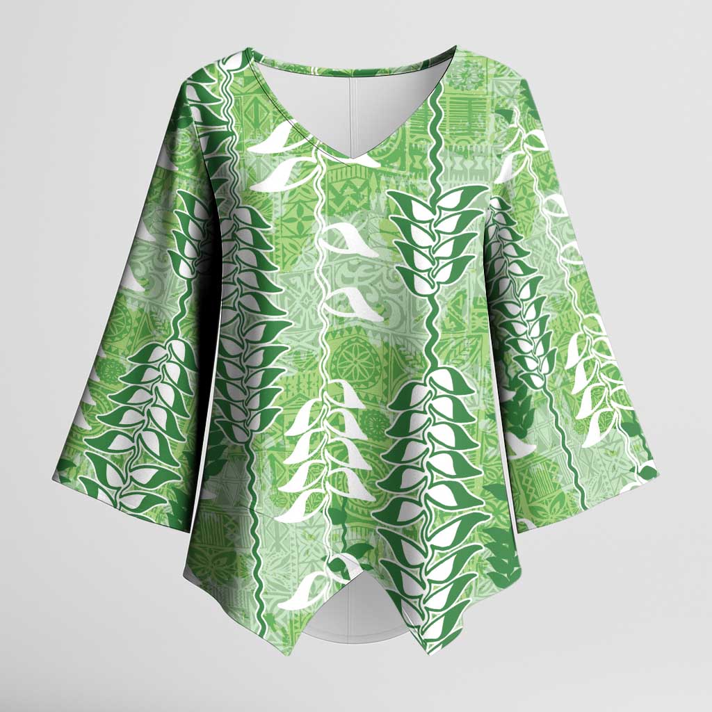 Green Hawaii Tapa Pattern Kimono Sleeve Blouse With Heliconia Vintage Style