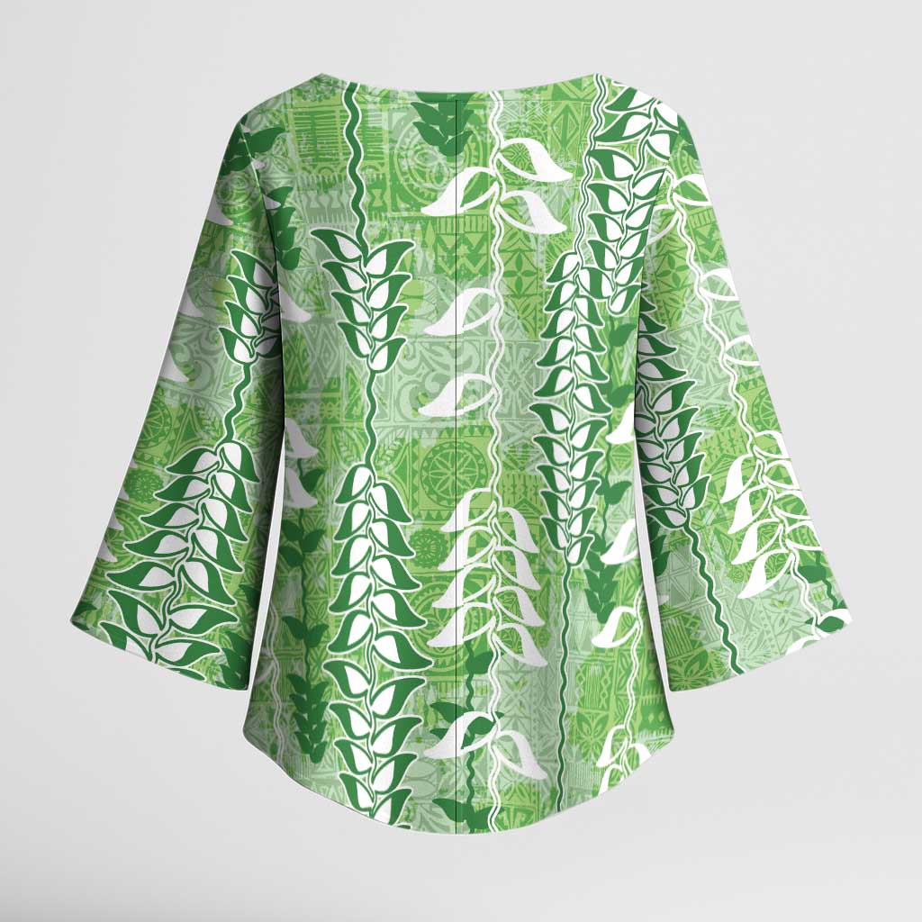 Green Hawaii Tapa Pattern Kimono Sleeve Blouse With Heliconia Vintage Style