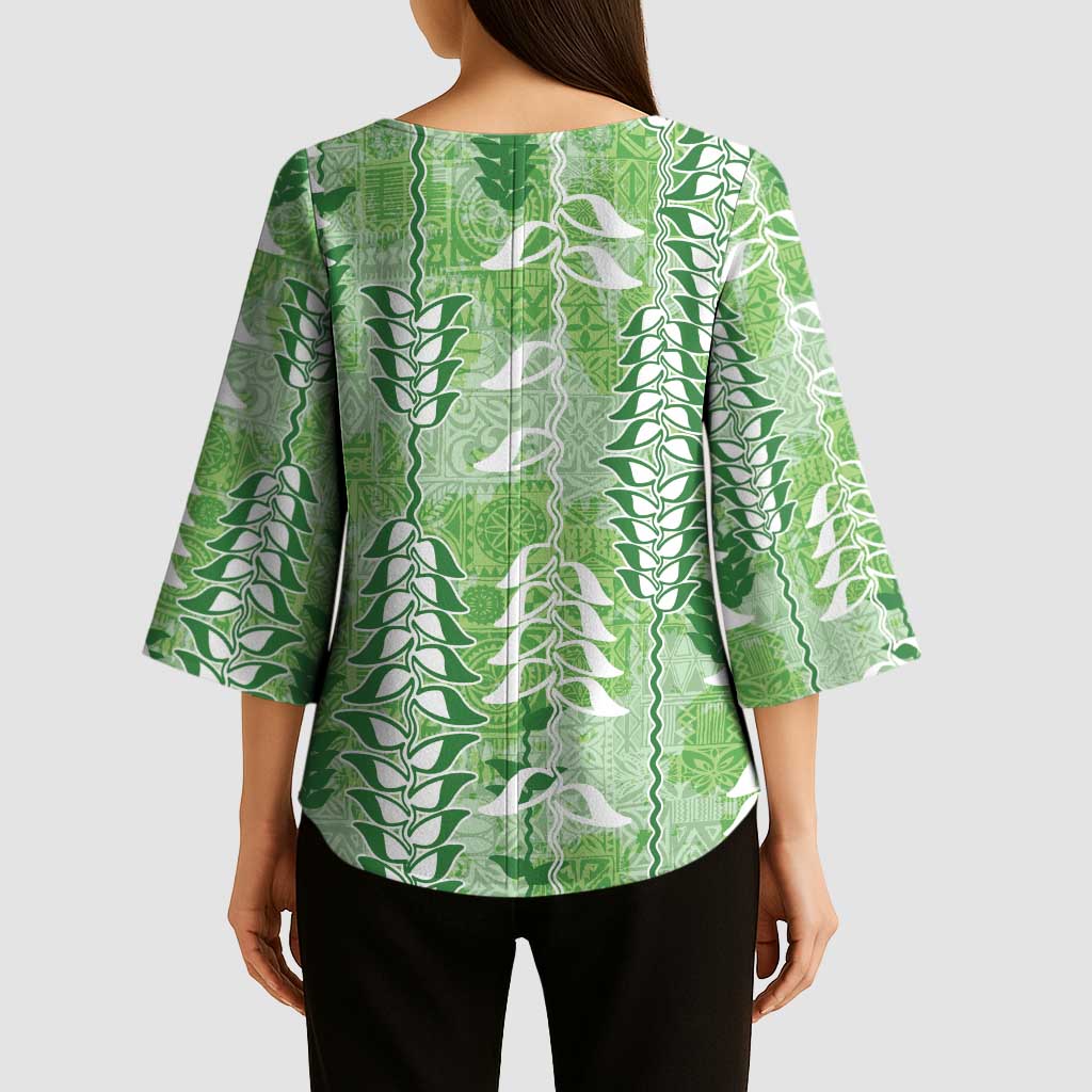 Green Hawaii Tapa Pattern Kimono Sleeve Blouse With Heliconia Vintage Style