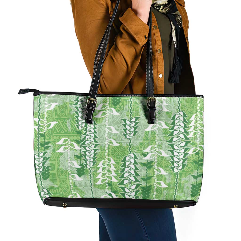 Green Hawaii Tapa Pattern Leather Tote Bag With Heliconia Vintage Style