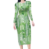 Green Hawaii Tapa Pattern Long Sleeve Bodycon Dress With Heliconia Vintage Style