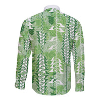Green Hawaii Tapa Pattern Long Sleeve Button Shirt With Heliconia Vintage Style