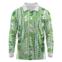 Green Hawaii Tapa Pattern Long Sleeve Polo Shirt With Heliconia Vintage Style