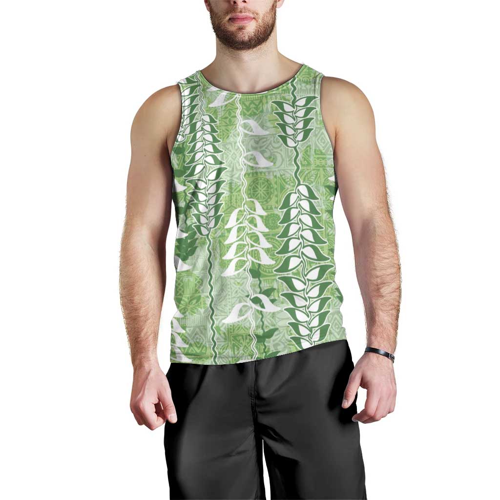 Green Hawaii Tapa Pattern Men Tank Top With Heliconia Vintage Style