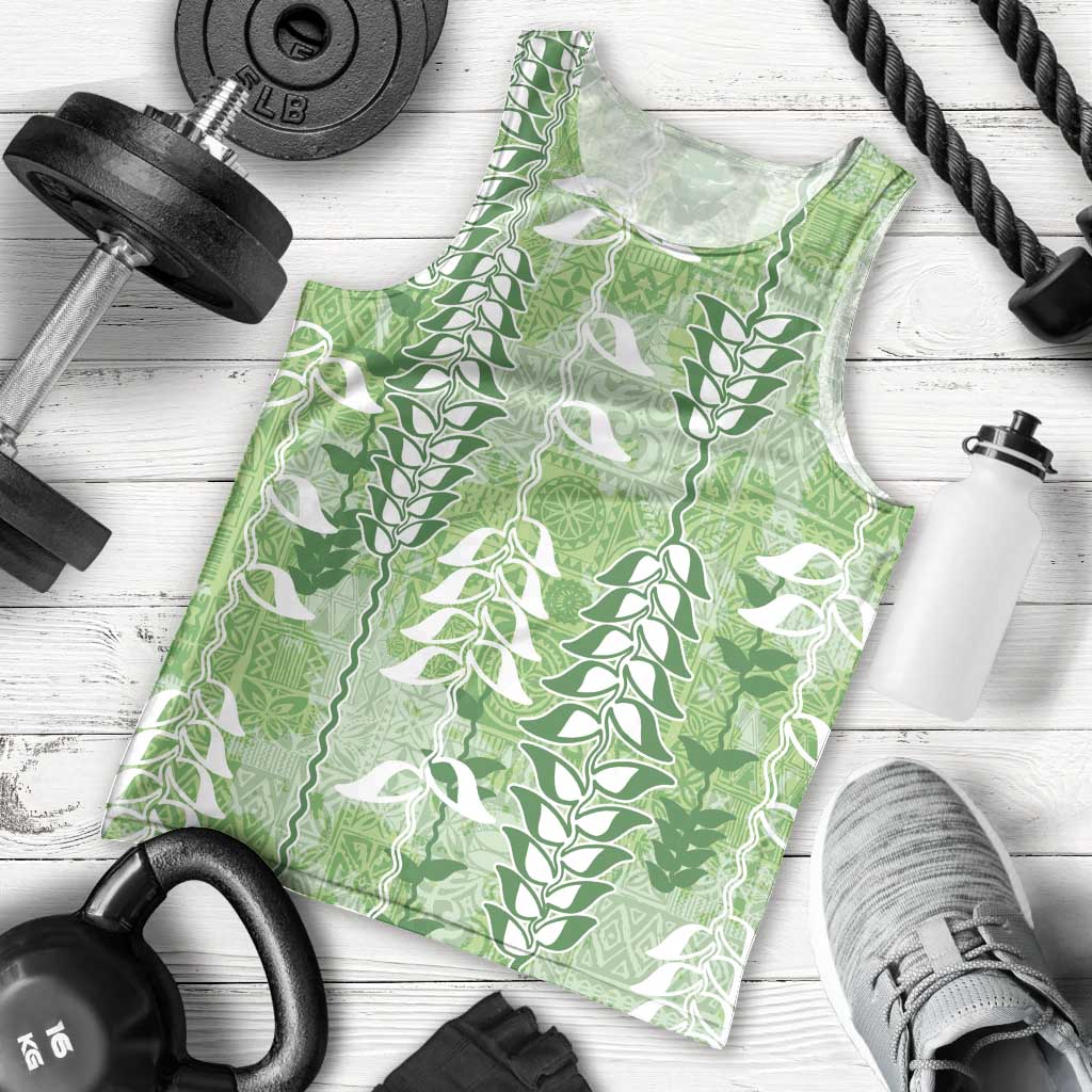 Green Hawaii Tapa Pattern Men Tank Top With Heliconia Vintage Style