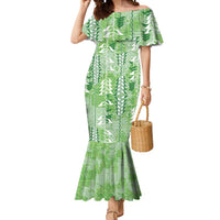 Green Hawaii Tapa Pattern Mermaid Dress With Heliconia Vintage Style