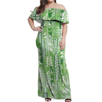 Green Hawaii Tapa Pattern Off Shoulder Maxi Dress With Heliconia Vintage Style