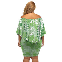 Green Hawaii Tapa Pattern Off Shoulder Short Dress With Heliconia Vintage Style
