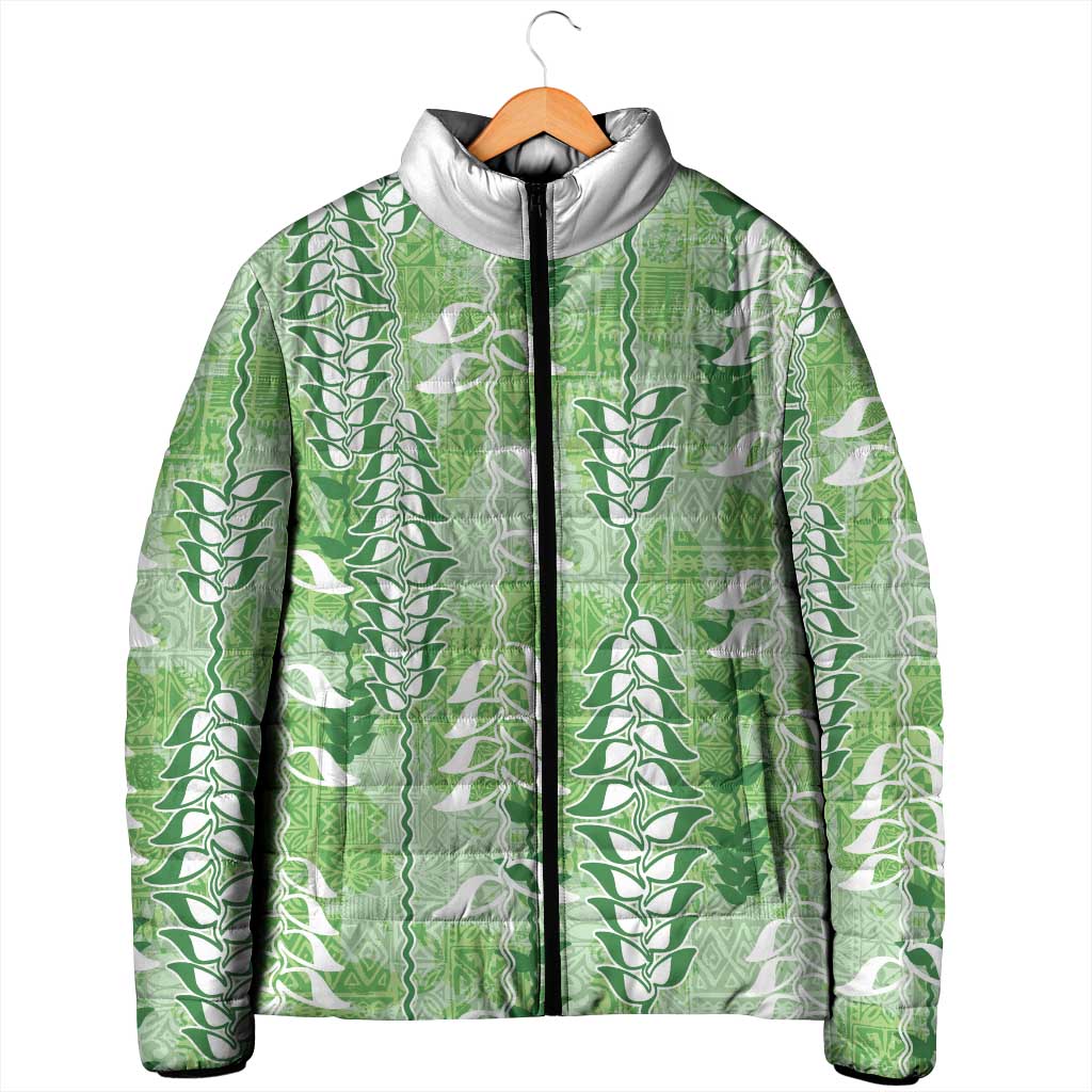 Green Hawaii Tapa Pattern Padded Jacket With Heliconia Vintage Style